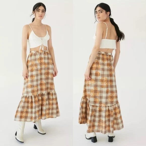 Urban Outfitters Dresses & Skirts - SOLD! Urban Outfitters Plaid Floral Ruffled Prairie Maxi Skirt S Western